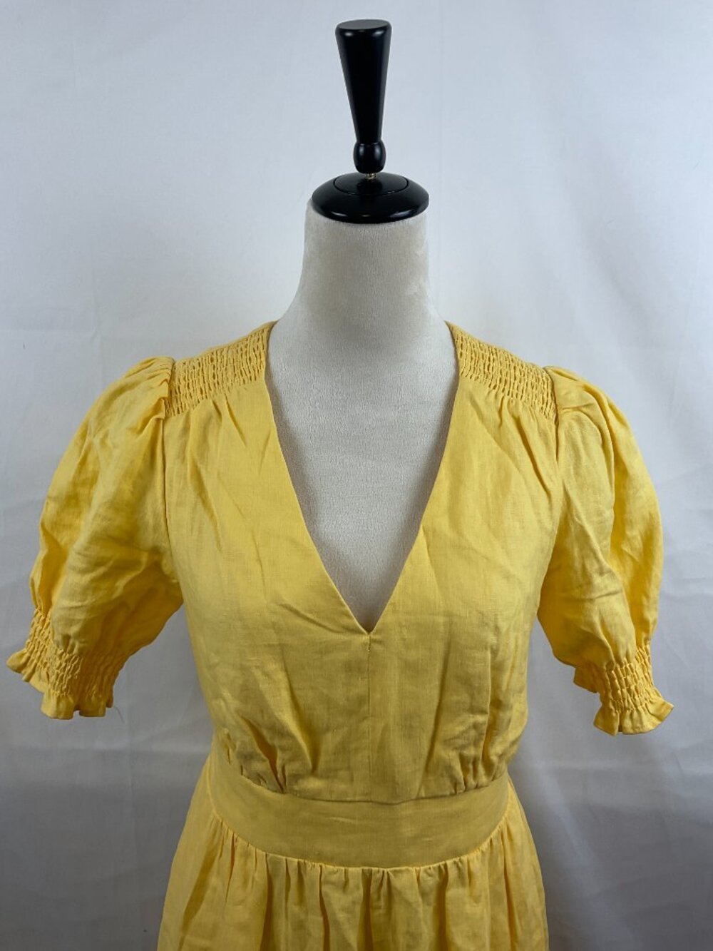 Boden Anne Linen Tiered Midi Dress US 4R Yellow Short Puff Sleeve V-Neck - Picture 2 of 10